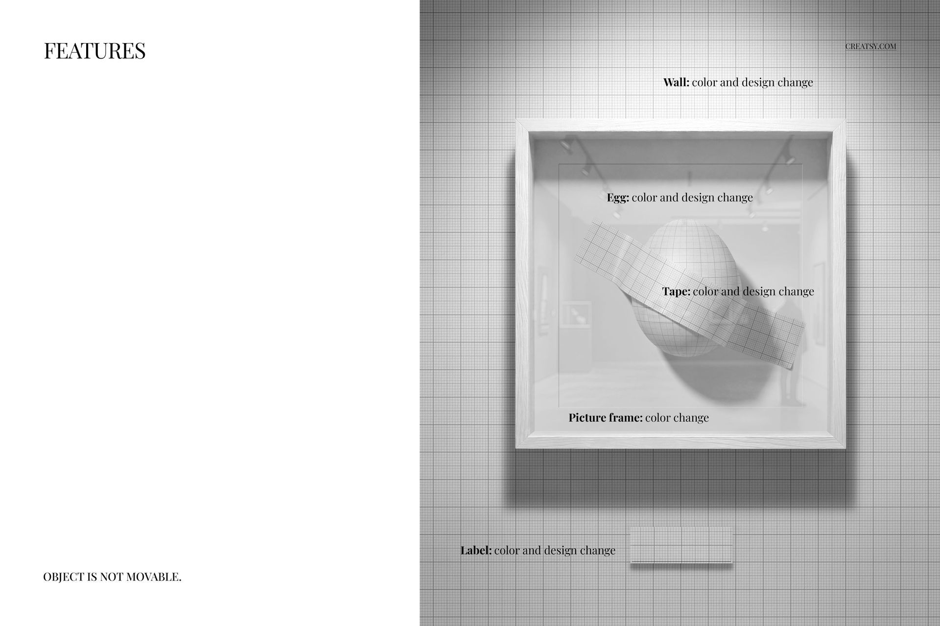 Front view of a picture frame mockup with an Easter egg inside, displayed against a grid-patterned wall.