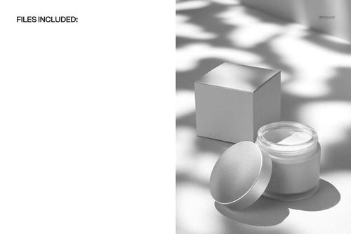 PSD mockup of a round cosmetic jar with its lid off, placed next to a plain box, illuminated by soft shadows.