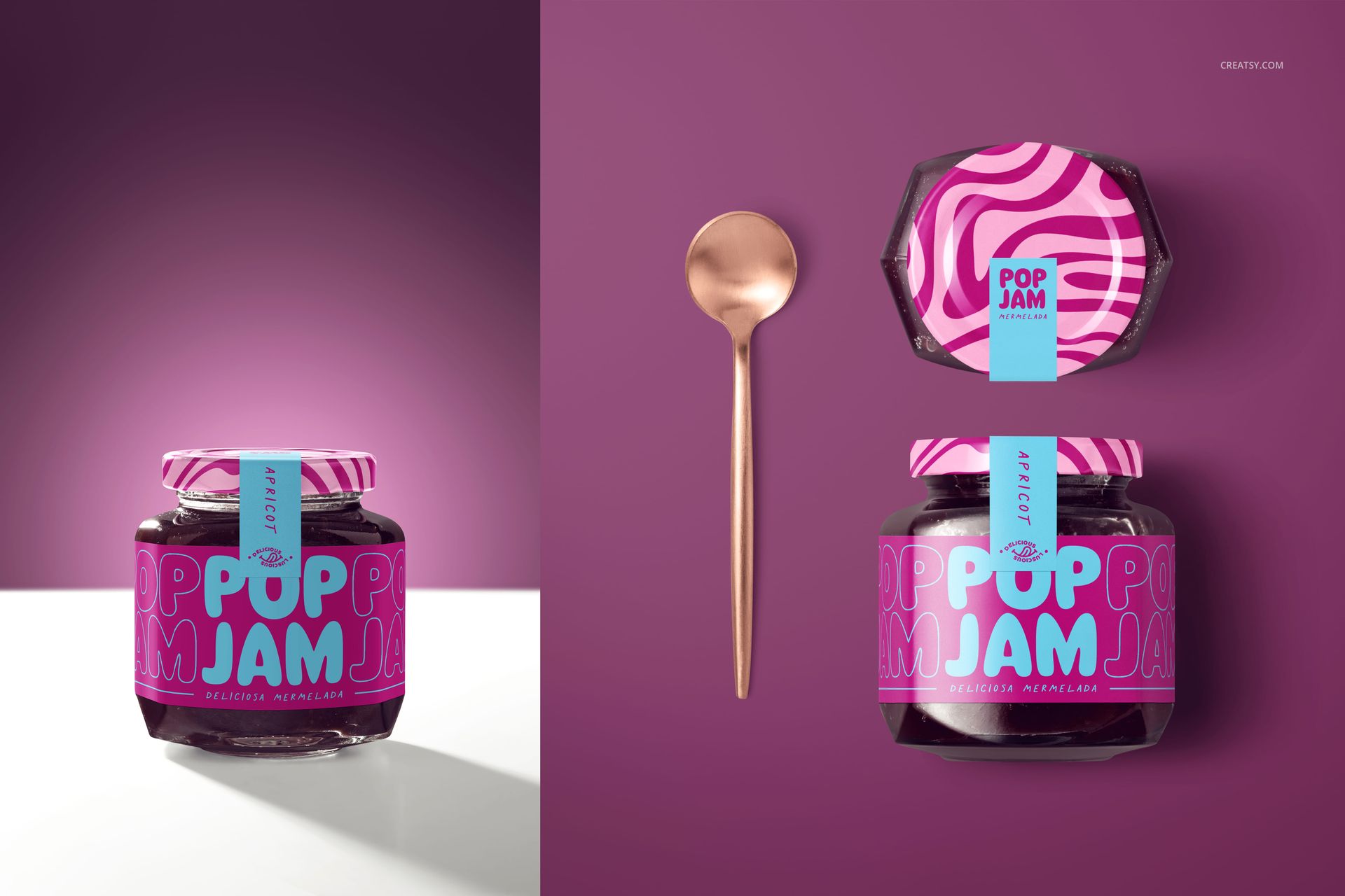 PSD mockup featuring a blackcurrant jam jar with vibrant patterned label, displayed alongside a metallic spoon on purple.