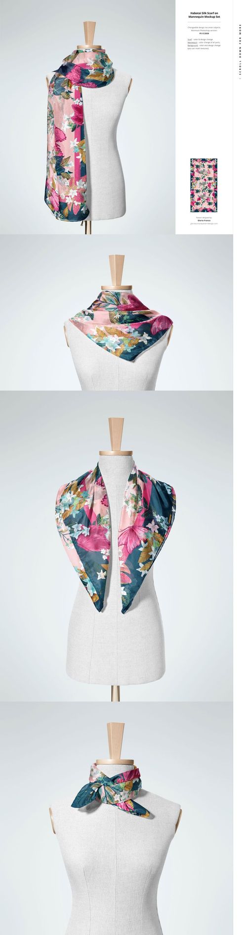 Habotai silk scarf with vibrant floral pattern draped and tied around a white mannequin, front view mockup.