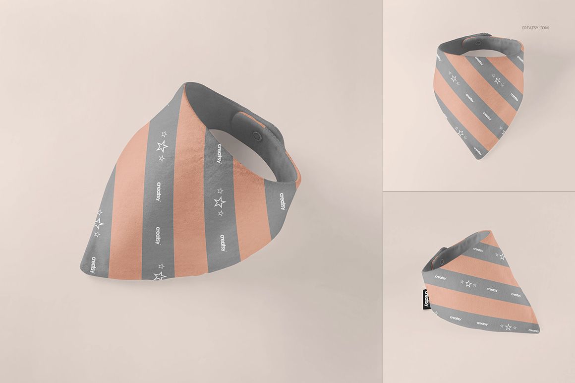 Kids bandana bib mockup featuring peach and gray striped pattern, star details, and editable label on a neutral background.