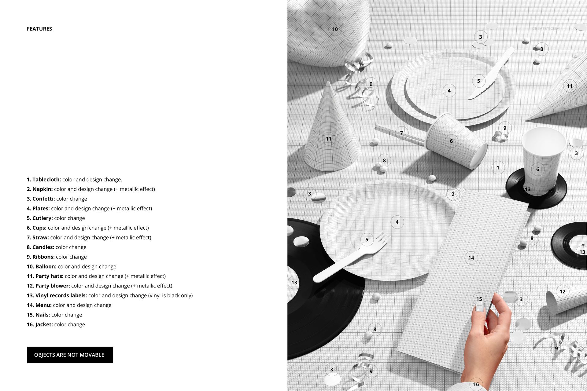 Disposable party tableware set mockup with plates, cups, napkins, and hats arranged on a grid-patterned surface.