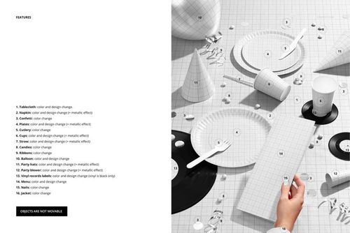 Disposable party tableware set mockup with plates, cups, napkins, and hats arranged on a grid-patterned surface.