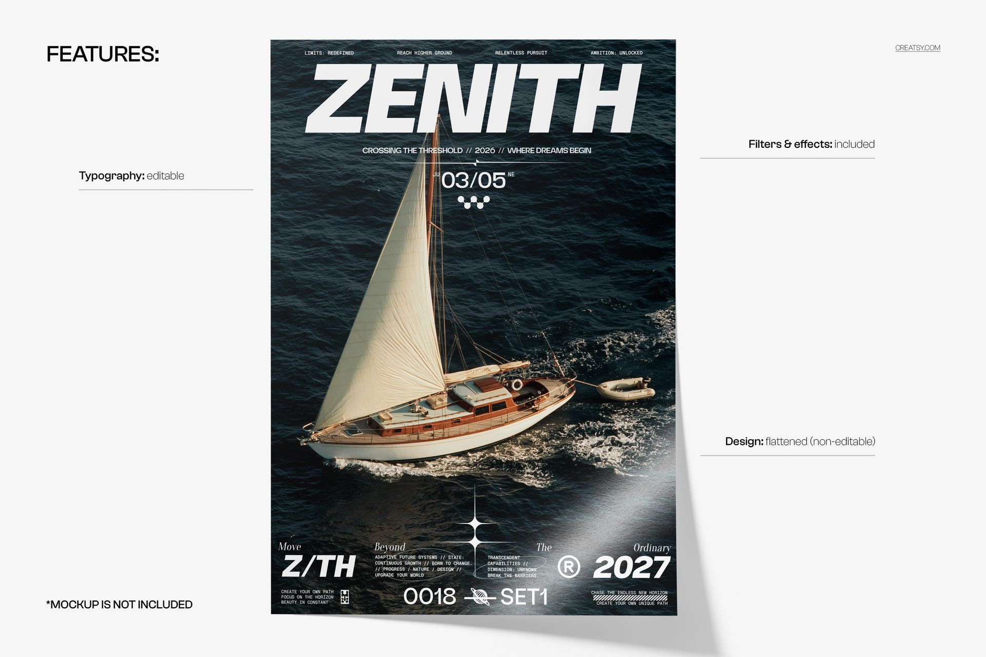 Front view of a poster mockup featuring a sailboat on deep blue ocean water, with bold text and organized layout.