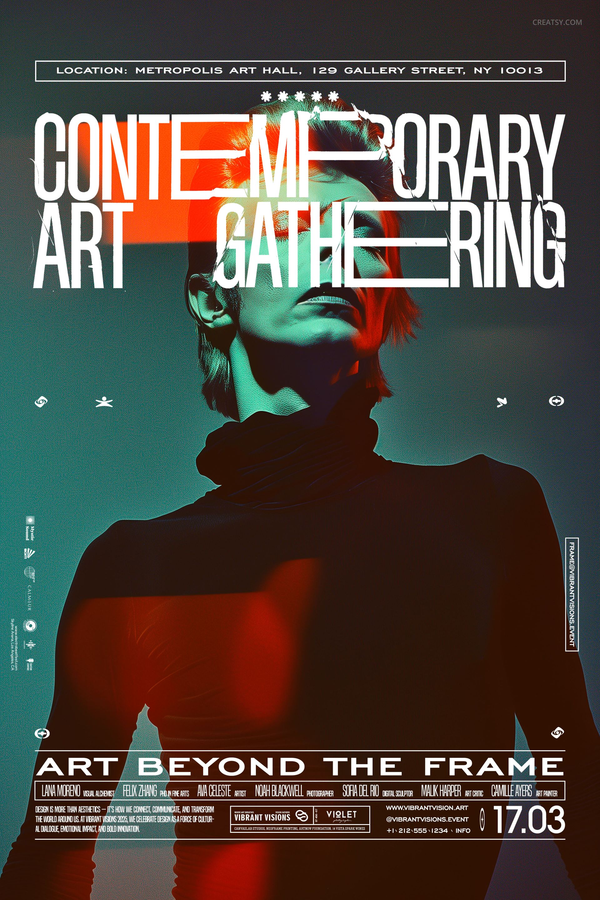Front view of a contemporary art poster mockup featuring a person in silhouette with bold white text overlays.