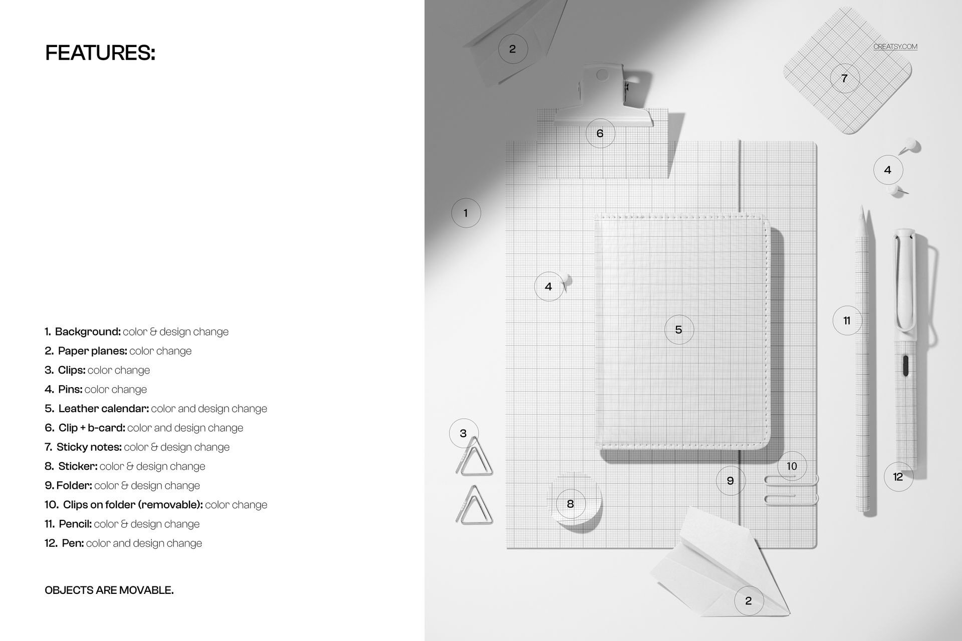 Overhead view of a stationery set mockup with leather calendar, folder, business card, pen, pencil, clips, sticky notes, and sticker on a white desk.