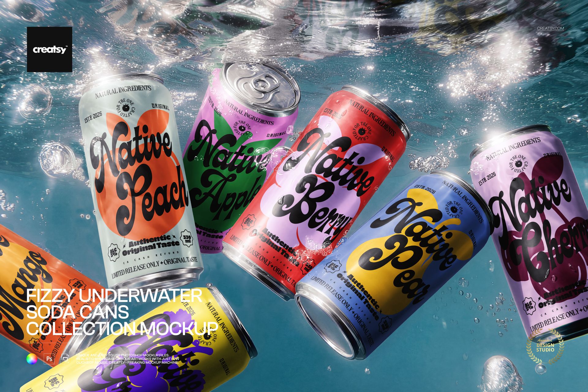 PSD mockup of several soda cans in bright colors and bold text, viewed underwater with rippling light effects.