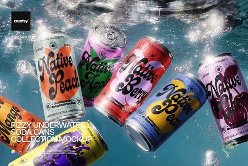 PSD mockup of several soda cans in bright colors and bold text, viewed underwater with rippling light effects.