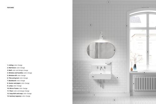 White bathroom mockup featuring a wall-mounted sink, oval mirror, and window with natural light, viewed from the front.