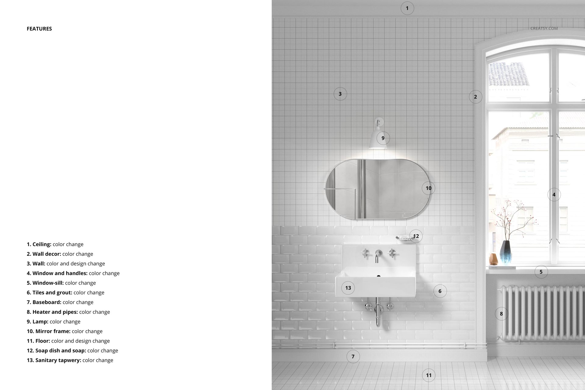 White bathroom mockup featuring a wall-mounted sink, oval mirror, and window with natural light, viewed from the front.