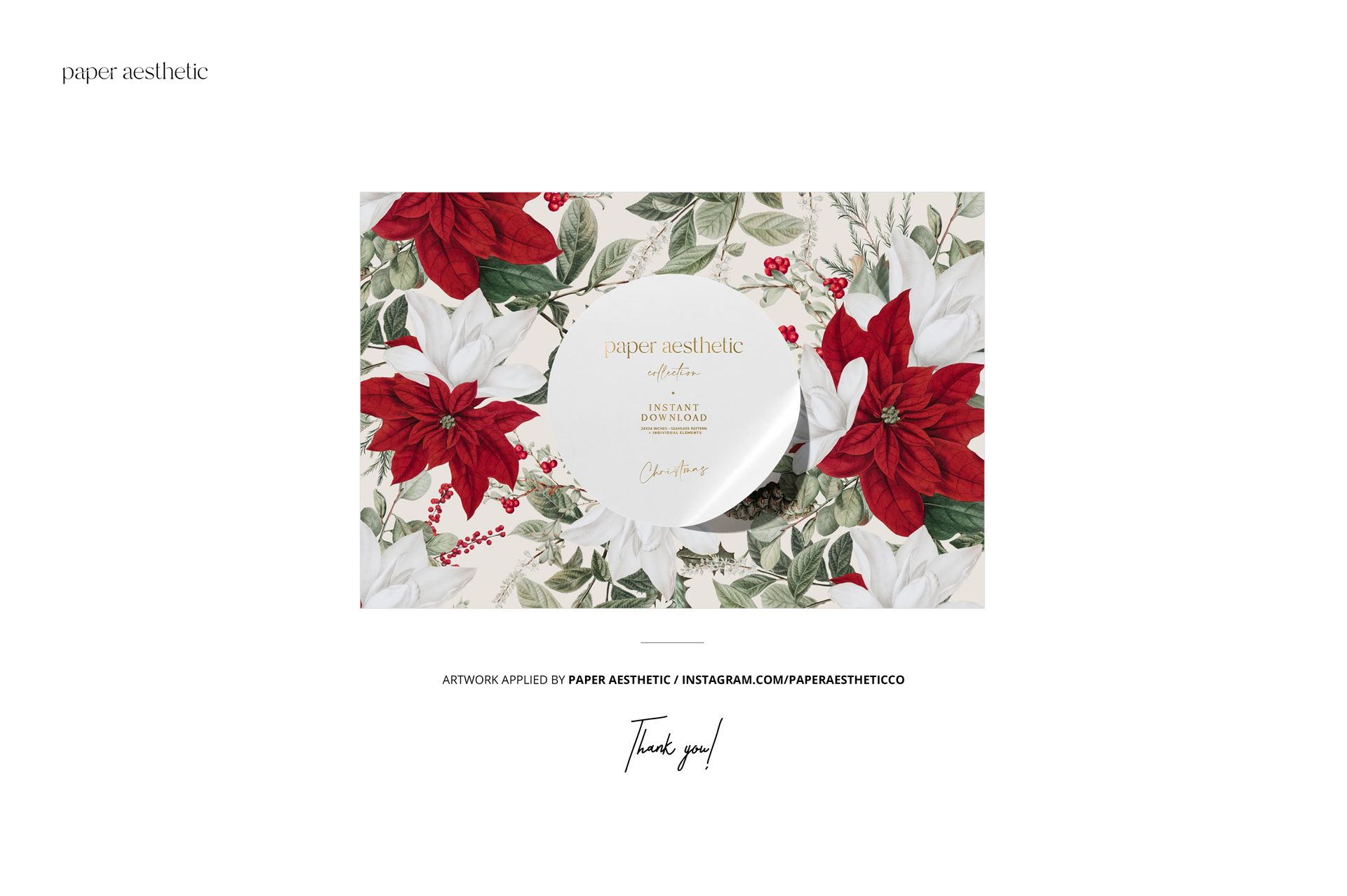 Disposable Christmas tableware mockup featuring a plate with red and white poinsettia floral pattern, top view.