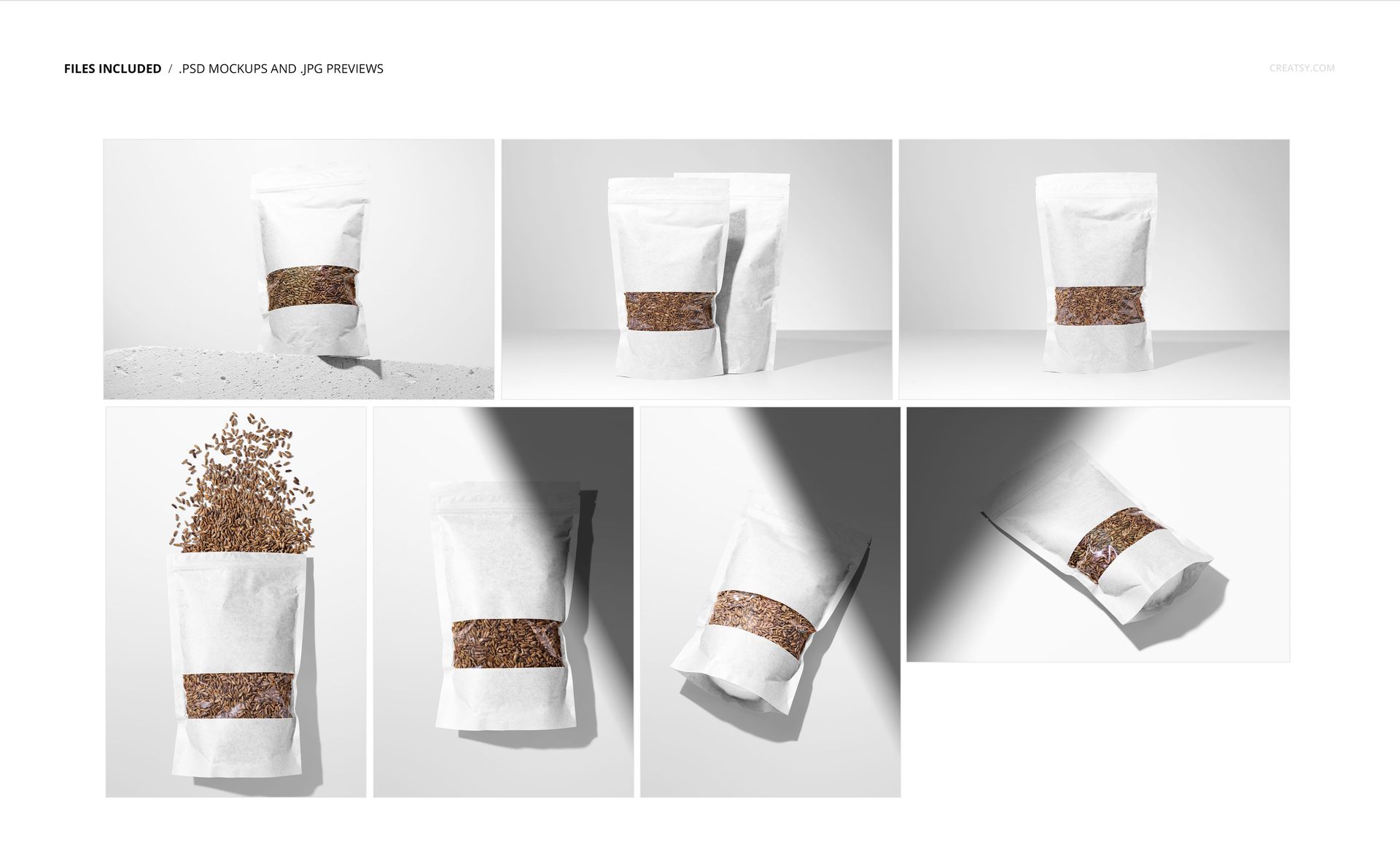 Paper pouch packaging mockup set featuring milk thistle seeds, shown in various angles on a white background.