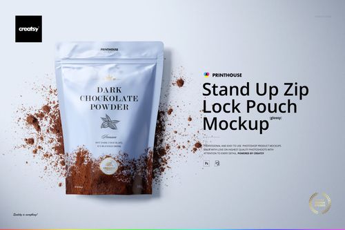 Glossy stand up zip lock pouch mockup filled with cocoa powder, front view on a light background with scattered powder.