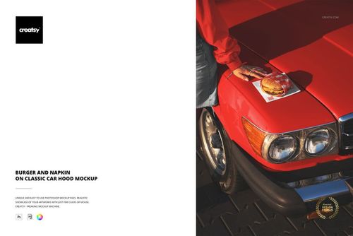 PSD mockup featuring a burger and napkin on the hood of a vintage red car, with pavement and hand in scene.