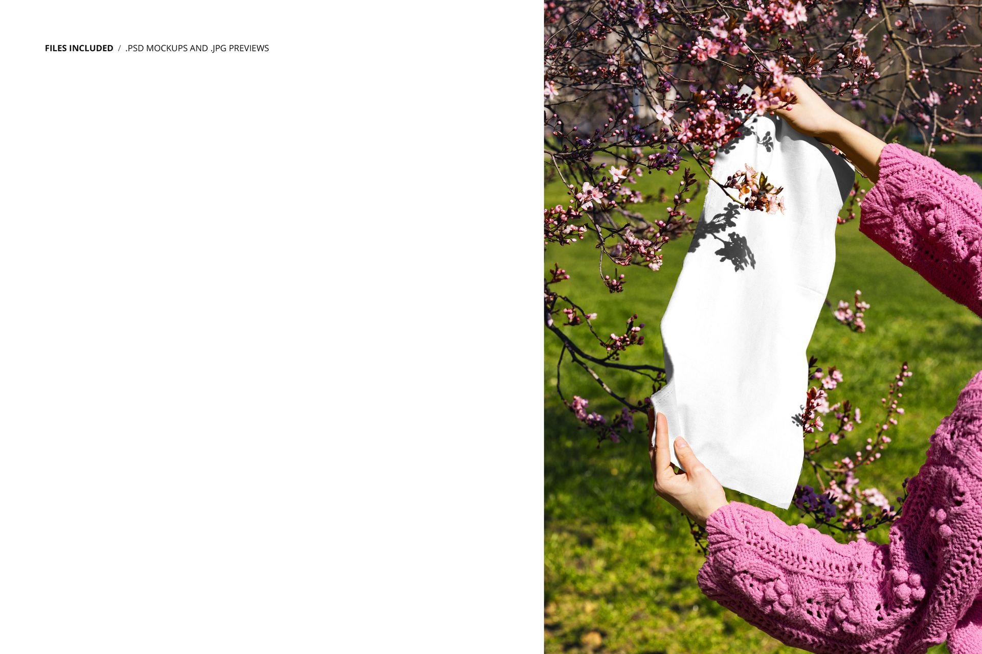 Hand holding a white fabric swatch in front of blossoming pink branches outdoors, shown in a PSD mockup scene.