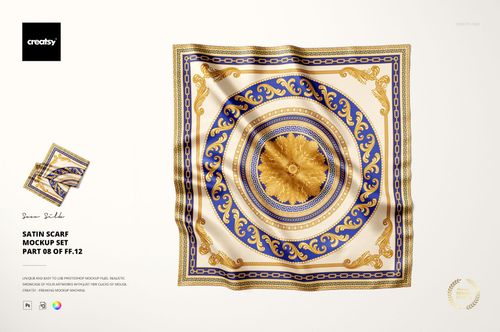 Elegant satin scarf mockup featuring a detailed gold and blue decorative motif, displayed flat with gentle creases.