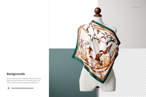 Silk scarf featuring colorful bird illustrations and green edges displayed on a mannequin torso, PSD mockup scene.