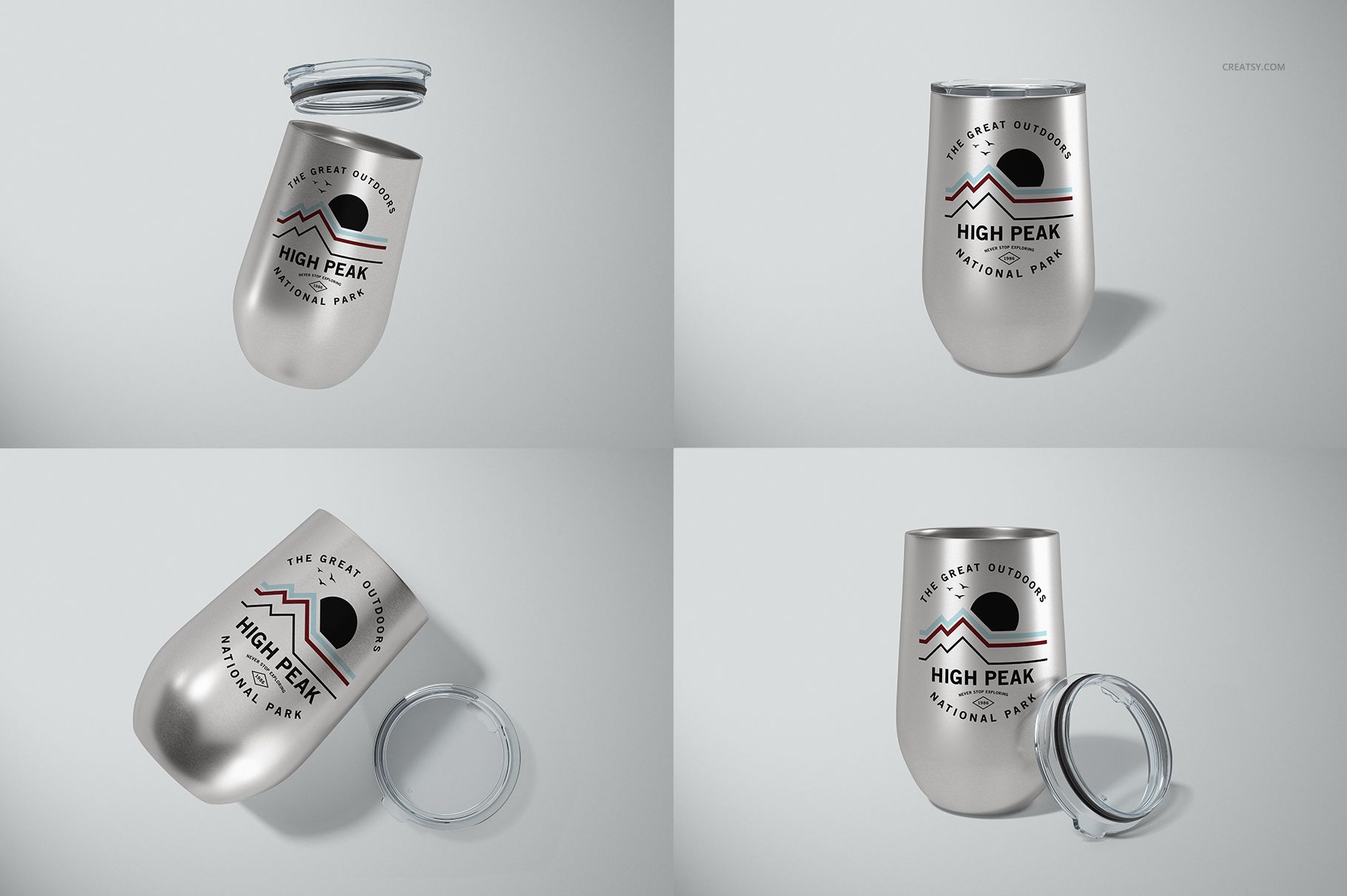 Set of four 16 oz stemless wine cups shown from various angles, each with a metallic finish and removable clear lids.