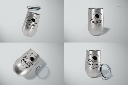 Set of four 16 oz stemless wine cups shown from various angles, each with a metallic finish and removable clear lids.