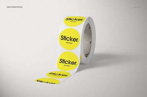 Round roll stickers mockup showing a strip of yellow circular stickers with text, presented on a simple surface.