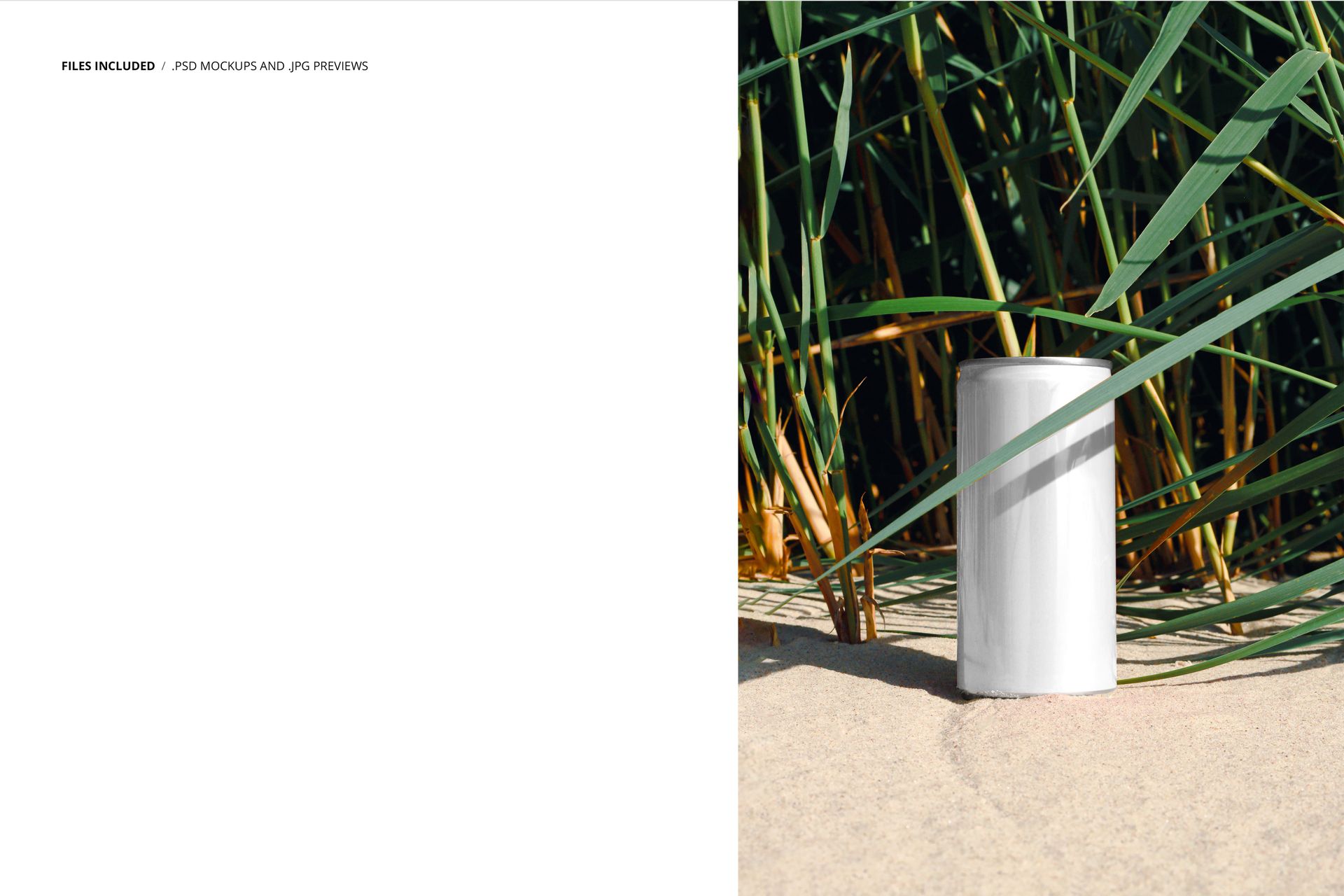 Plain white 200ml can standing upright on sandy ground beside tall green riparian grass, front view mockup.