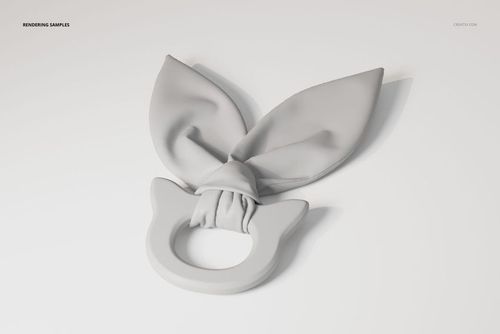 Wooden teether toy in a cat-ear shape with soft fabric bunny ears, shown in a front view on a white surface.