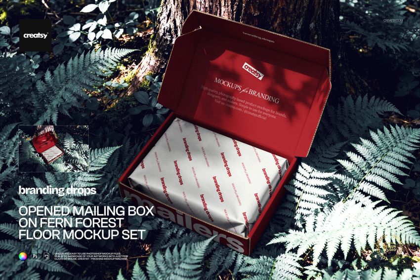 PSD mockup featuring an open rectangular packaging box with branded inner paper, surrounded by forest ferns.