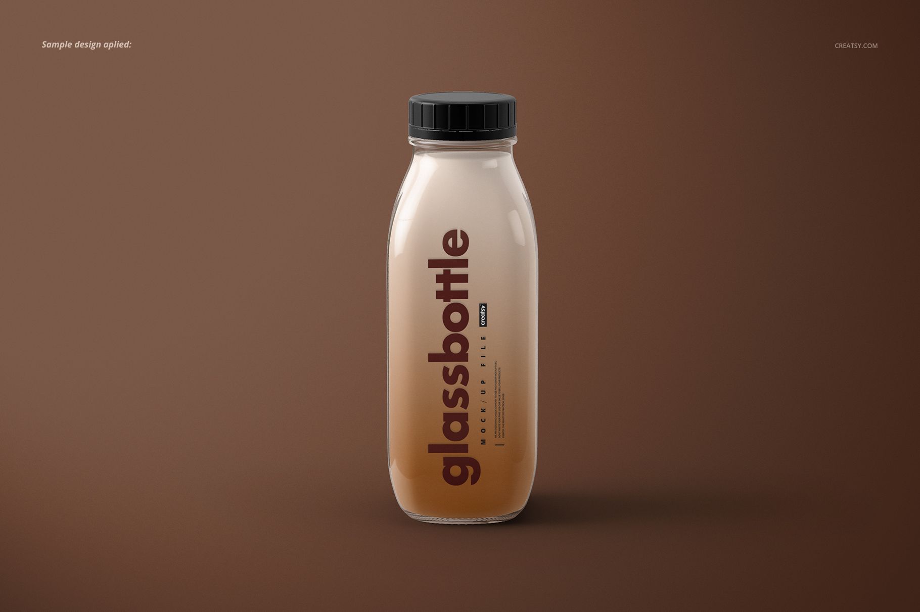 Glass bottle mockup featuring a cylindrical shape, black screw cap, and brown gradient liquid, set against a plain backdrop.