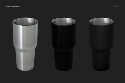PSD mockup featuring three drinkware tumblers in matte, glossy, and steel styles, shown from the front on a black background.