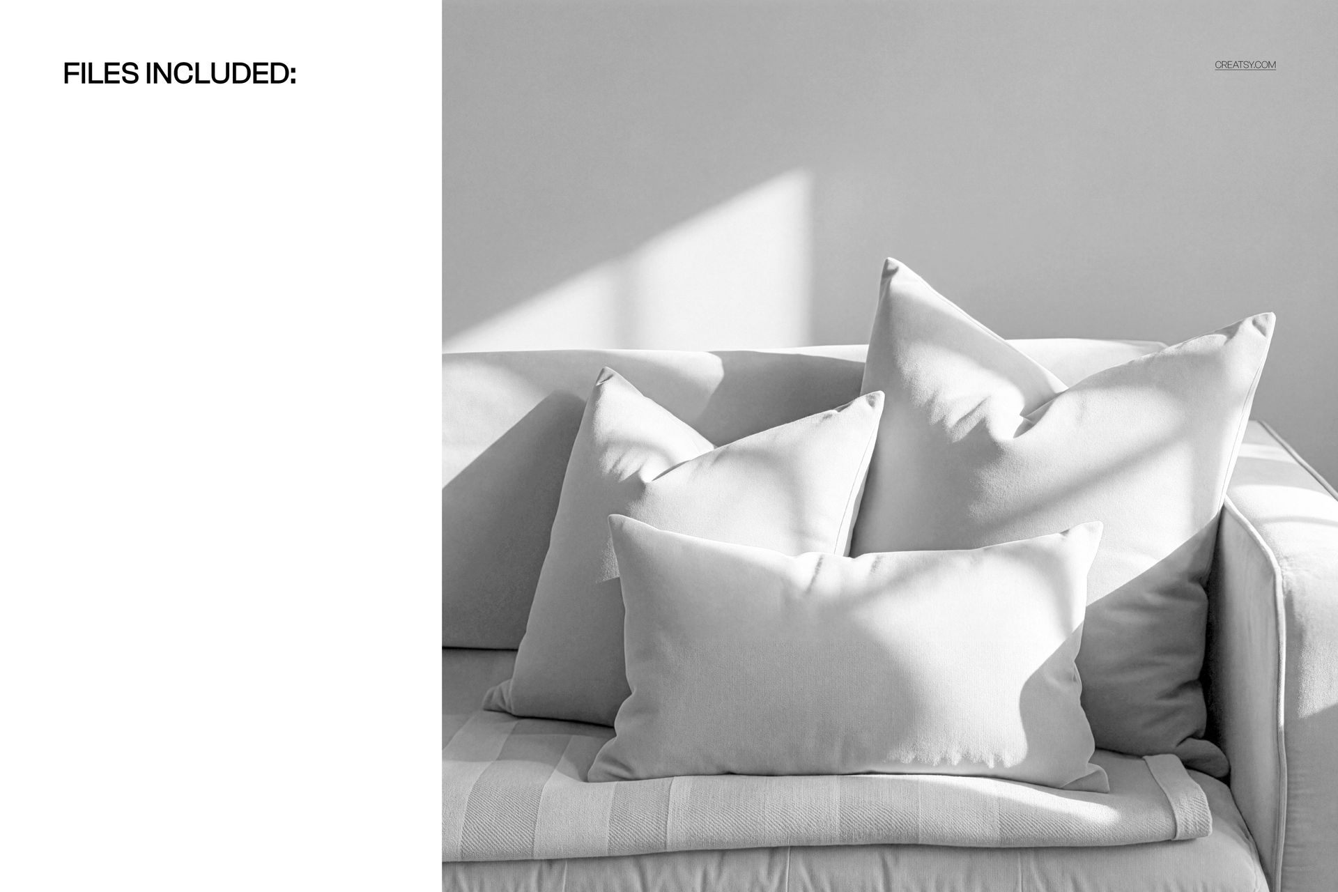 PSD mockup of a trio of decorative pillows on a sofa, each pillow in neutral tones with soft shadows and sunlight.