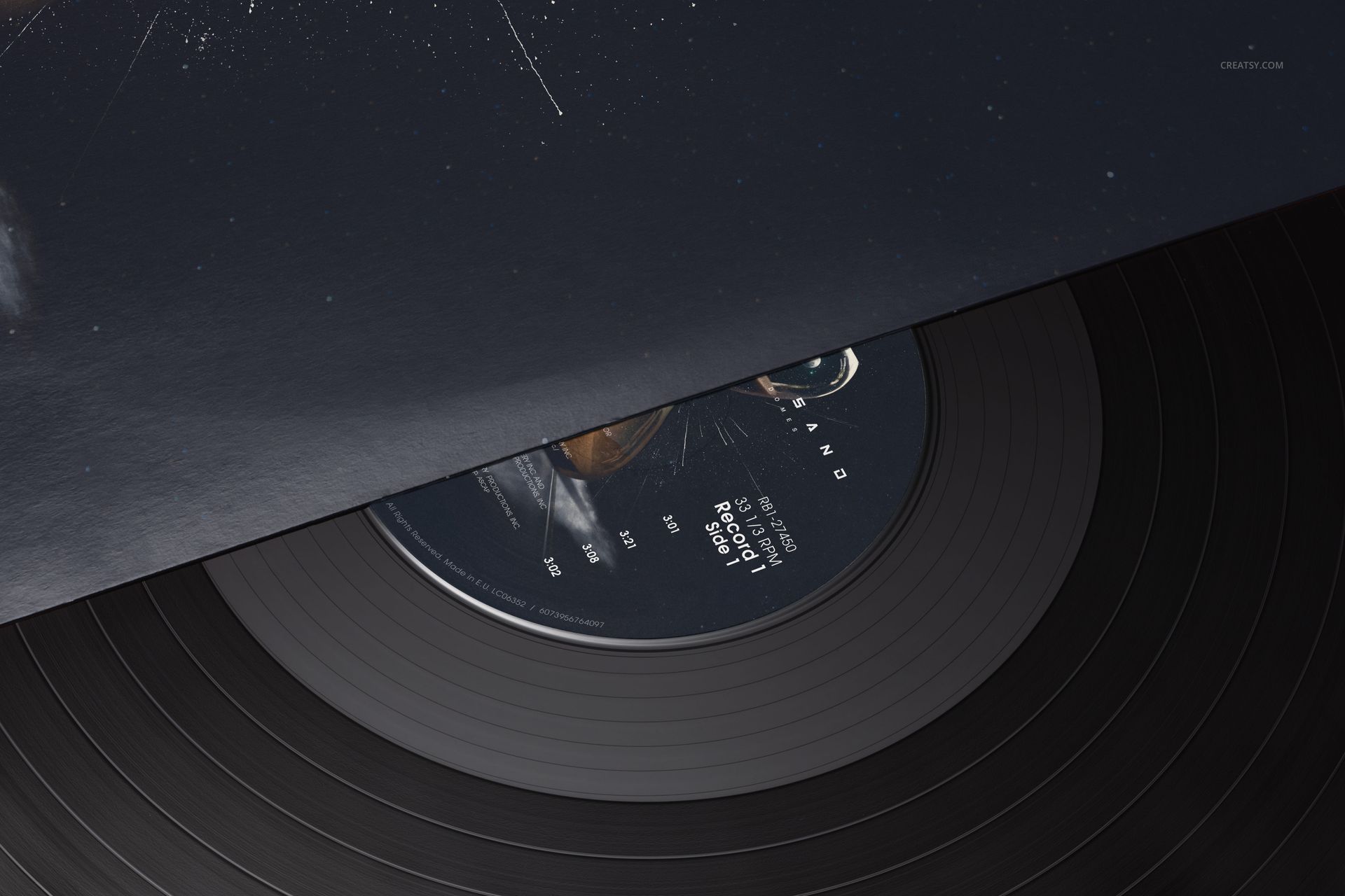 Top view of a black vinyl record mockup with a dark sleeve, showing circular grooves and a central label.