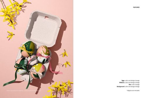 Top view of a mockup featuring painted Easter eggs with assorted ribbons in an open egg carton, yellow flowers nearby.