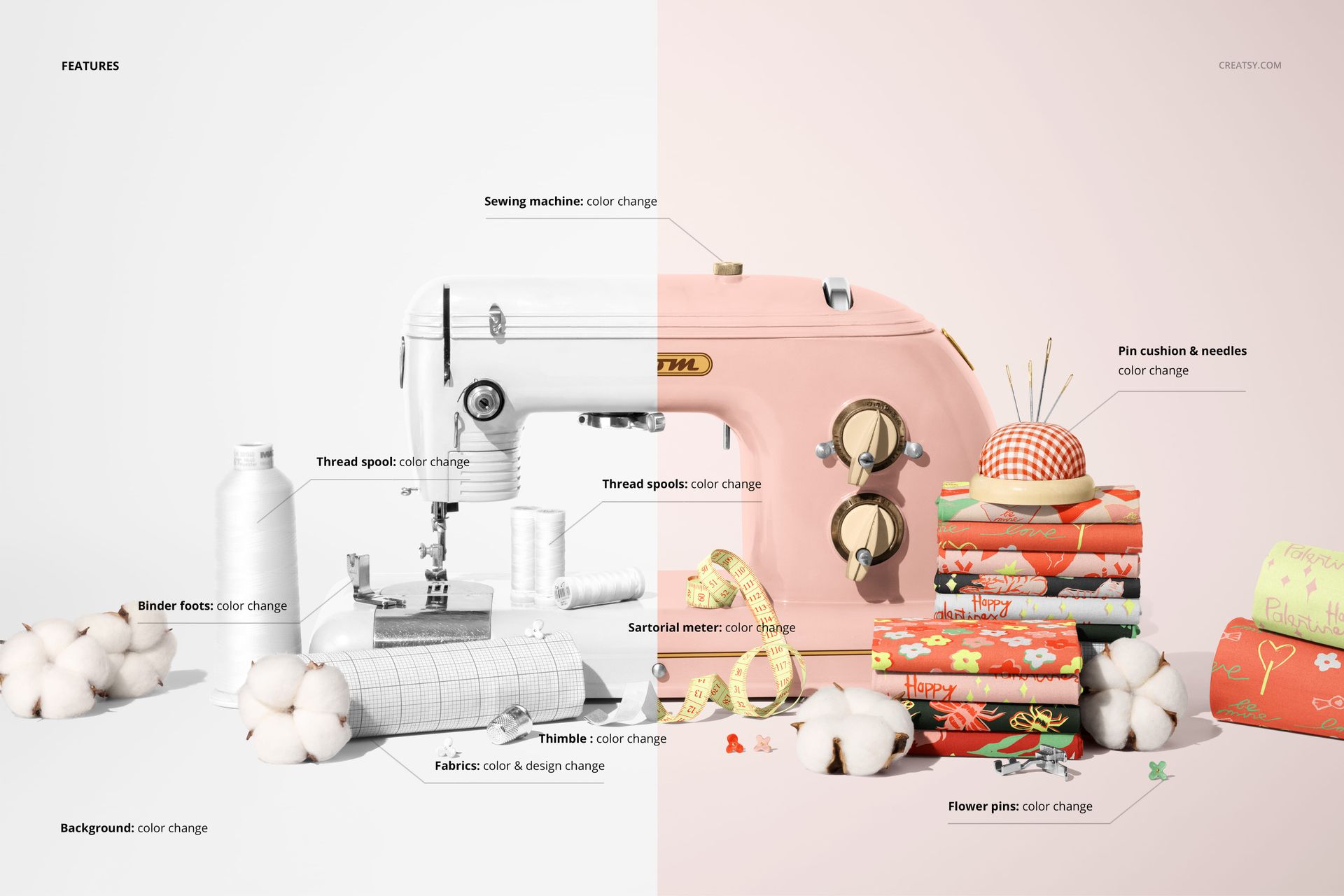 PSD mockup featuring a sewing machine, colorful fabric rolls, thread spools, and sewing accessories on a divided scene.