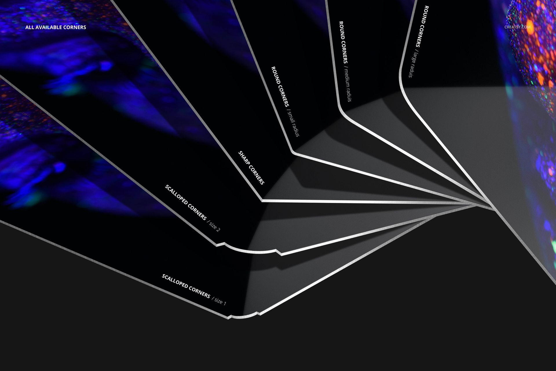 Close-up view of aluminum print mockup showing various corner shapes including sharp, rounded, and scalloped edges.