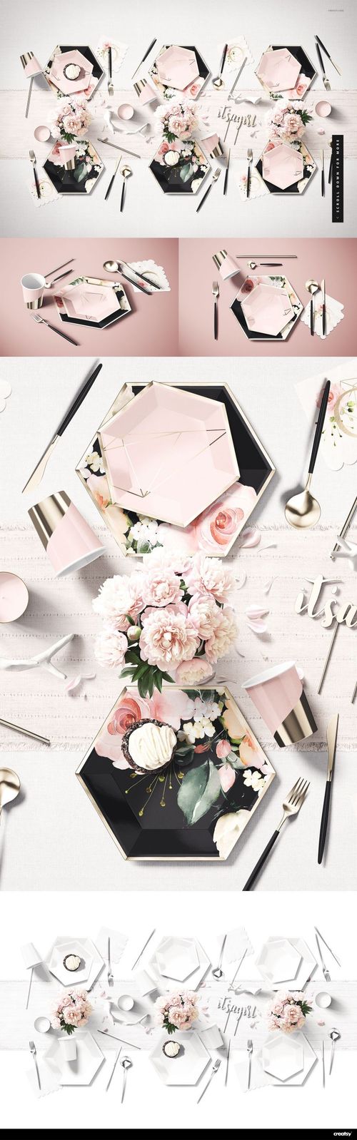 PSD mockup of party goods including geometric plates, floral centerpieces, and assorted tableware in a flat lay scene.