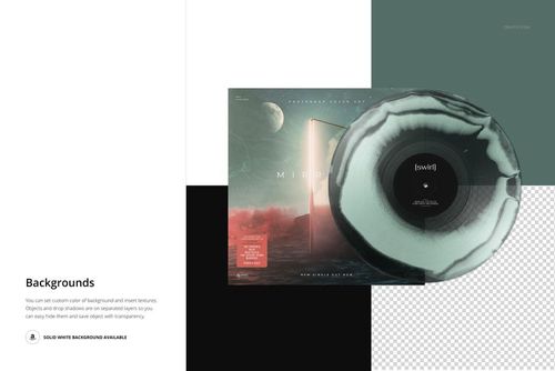 Swirl effect vinyl record and cover mockup presented from above, featuring abstract green and black design elements.