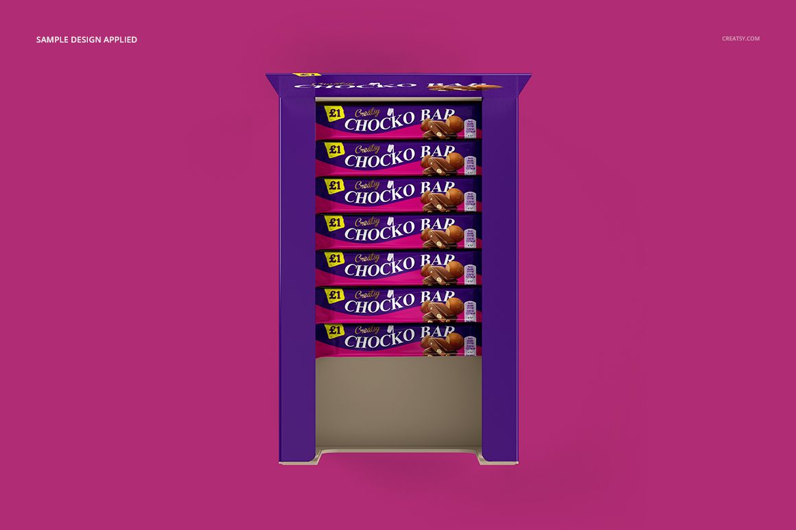 Front view of a chocolate bar box mockup with multiple purple-wrapped bars stacked inside, set against a pink background.