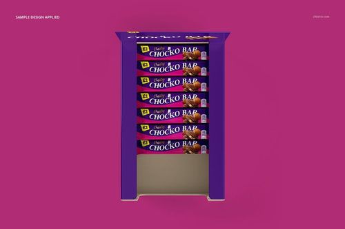 Front view of a chocolate bar box mockup with multiple purple-wrapped bars stacked inside, set against a pink background.