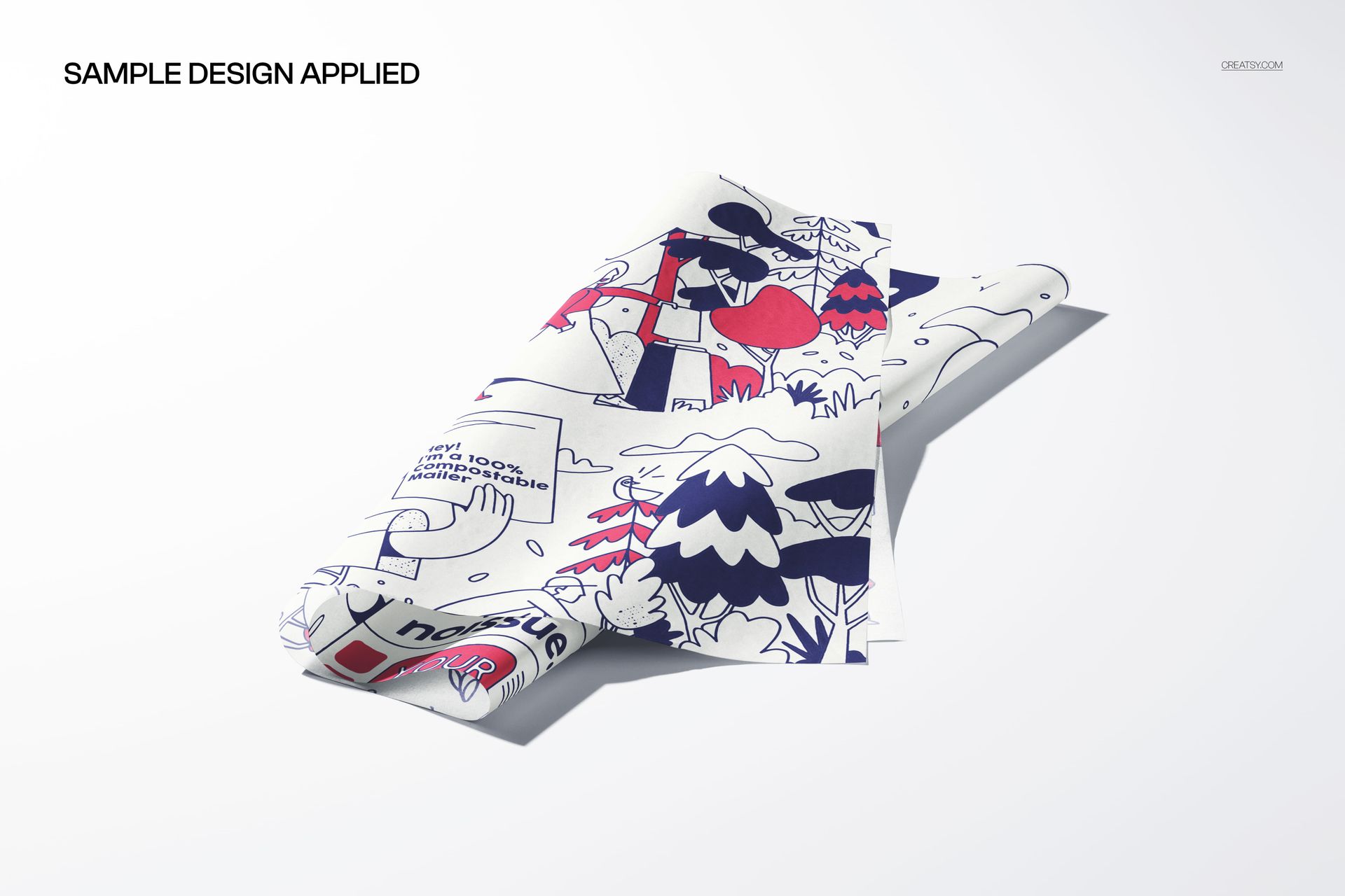 PSD mockup of tissue paper with whimsical designs, natural creases, and gentle lighting on a plain backdrop.