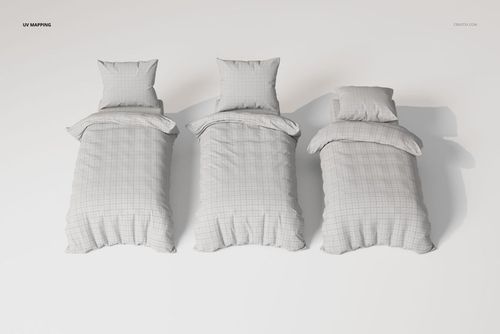 Three single bed bedding sets with light gray grid pattern, shown from a top view on a plain white background.