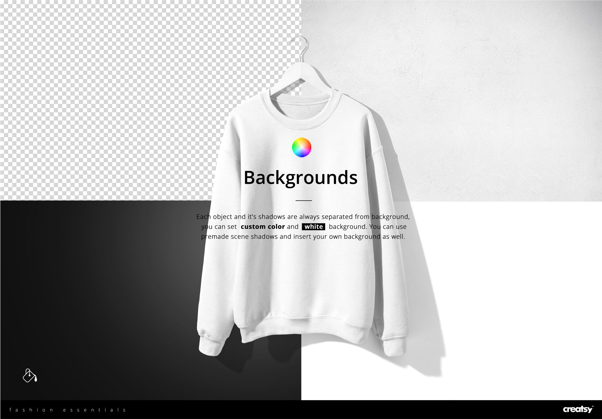 White adult sweatshirt hanging on a hanger, centered against a split black, white, and transparent background in a mockup scene.
