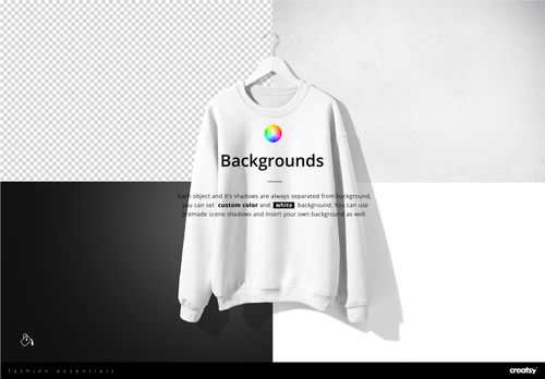 White adult sweatshirt hanging on a hanger, centered against a split black, white, and transparent background in a mockup scene.