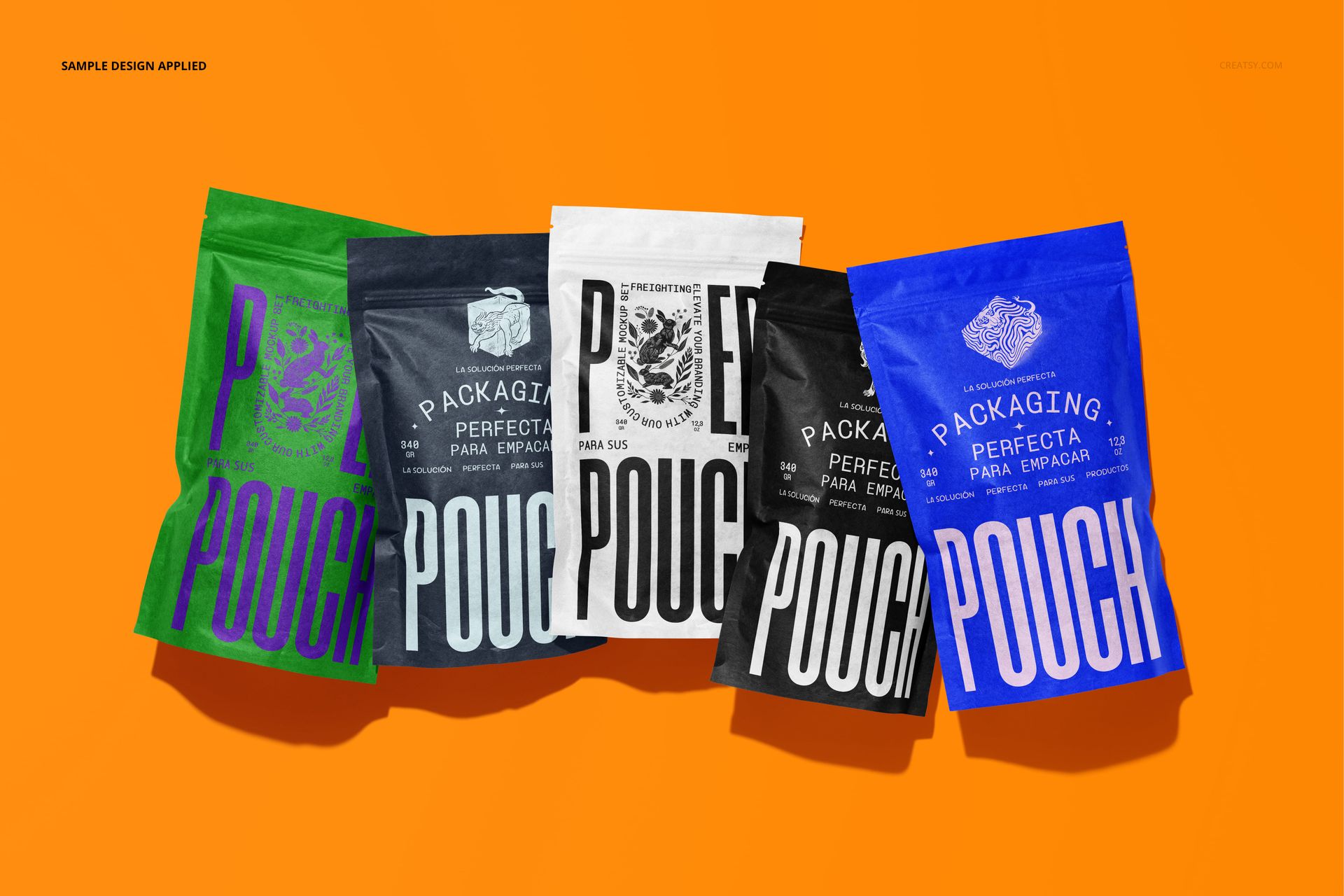 PSD mockup showing five packaging pouches with distinct colors and graphic labels, displayed against a vibrant orange surface.