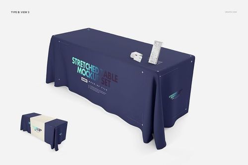 PSD mockup of a table with a navy tablecloth and runner, viewed from the side with small items placed on the surface.