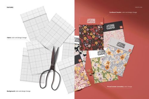 Fabric swatches mockup showing multiple rectangular fabric pieces with grid patterns and a pair of scissors, alongside floral patterned swatches on a red background.