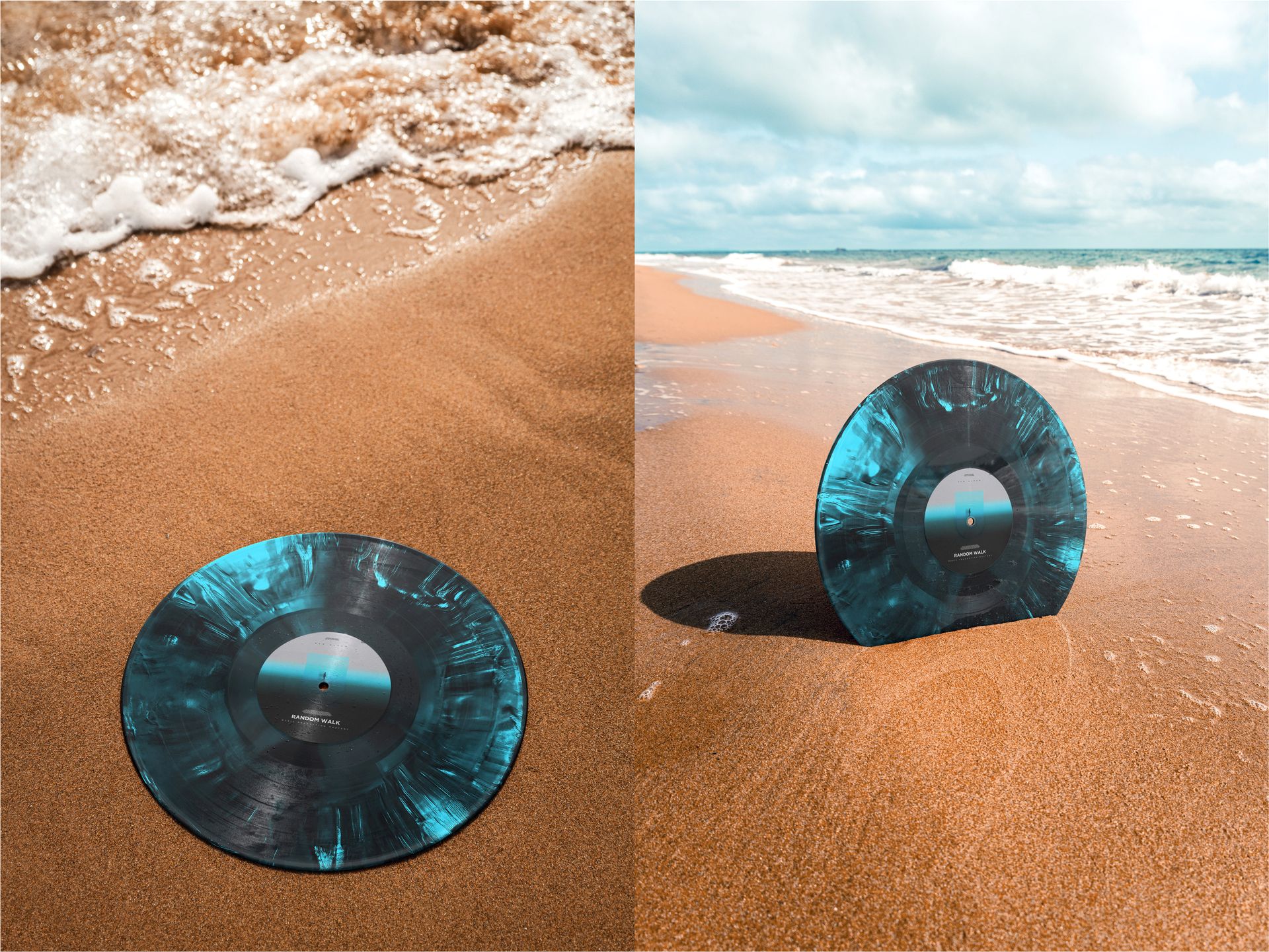 Blue and black colored vinyl record mockup displayed on sand at the seaside, featuring water and sky in background.