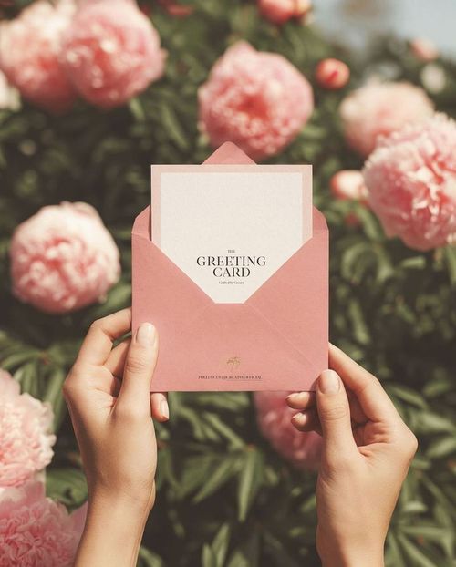 Close-up of two hands presenting a pink stationery envelope and card mockup with lush pink peonies in the background.