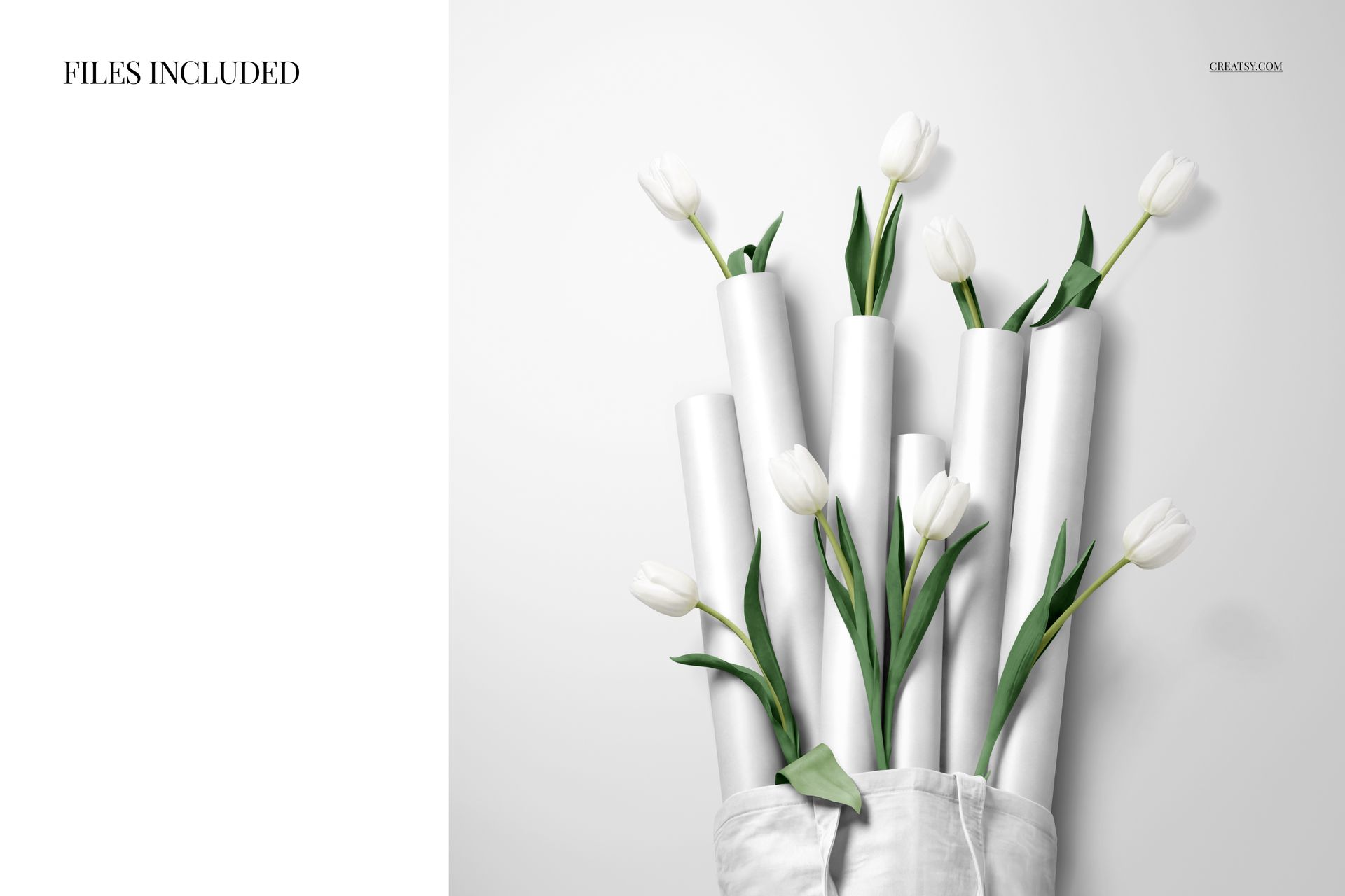 PSD mockup showing white wrapping paper rolls and fresh white tulips arranged in a fabric tote bag on a neutral surface.
