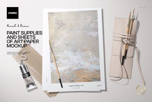 Paint Supplies and Sheets of Art Paper Mockup - mockup preview 1