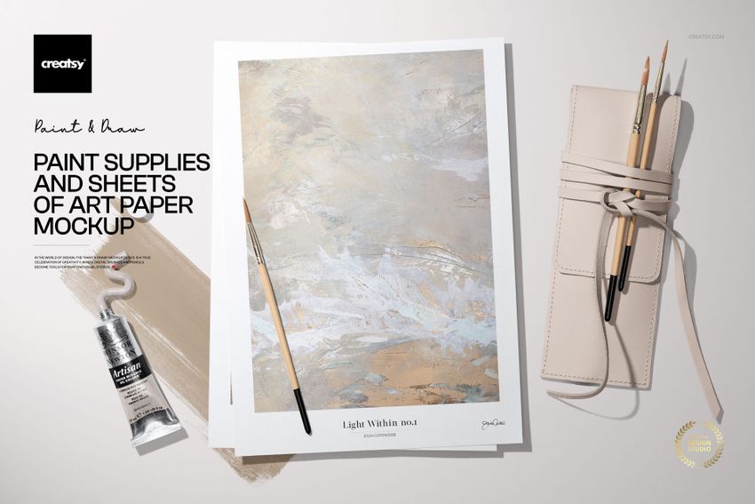 Paint Supplies and Sheets of Art Paper Mockup - mockup screenshot 1